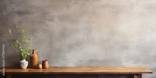 Vintage display on grunge cement wall, wooden table, empty.