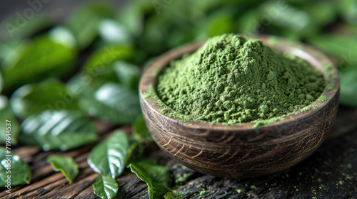 the matcha powder on green leaf of a plant, in the style of allover composition