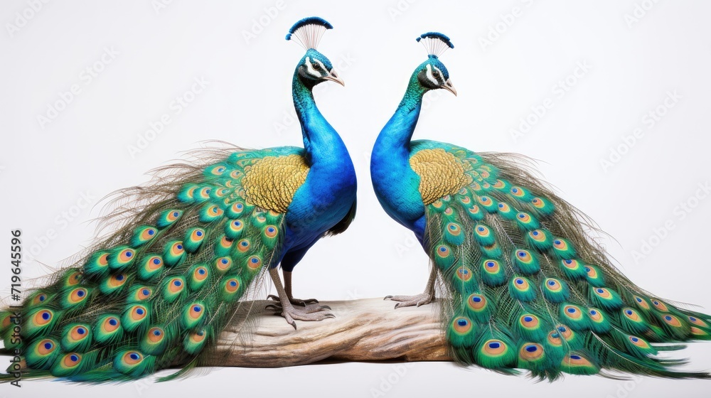 Fototapeta premium Feathered Duo: Two peacocks with vibrant feathers, isolated on a clean white background,