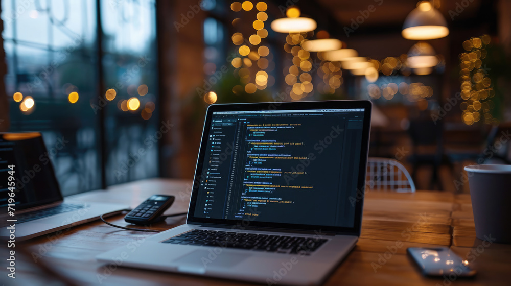 Laptop with code on the screen is placed on a wooden table in a modern ...