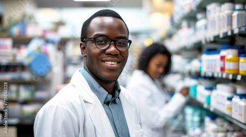 Male pharmacist is smiling at the camera with a pharmacy shelf in the background, and a colleague is slightly out of focus behind him. © MP Studio