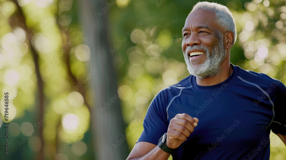 Obraz premium Joyful elderly African American man running outdoors, with the sun shining through the greenery in the background.