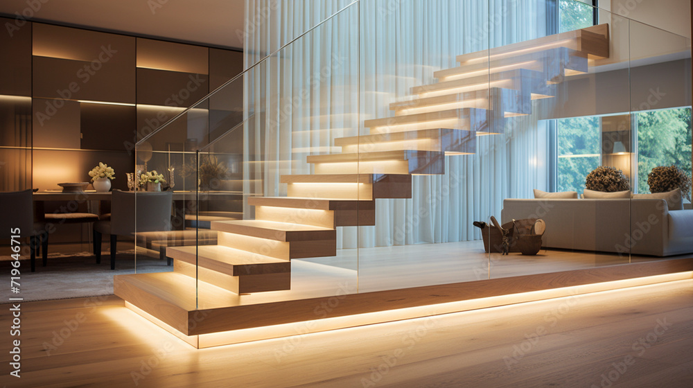 A sleek, light-colored wooden staircase with frameless glass sides, gently illuminated by LED strips under the handrails, in a bright, open-plan home.