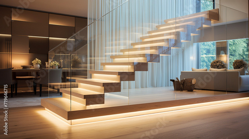 A sleek, light-colored wooden staircase with frameless glass sides, gently illuminated by LED strips under the handrails, in a bright, open-plan home.