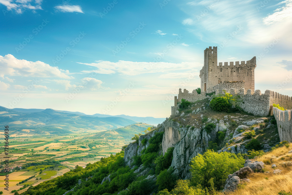 Ancient castle on a hill, a historic image featuring an ancient castle perched on a hill overlooking scenic landscapes, creating a timeless and fairy-tale scene for historical landmarks.