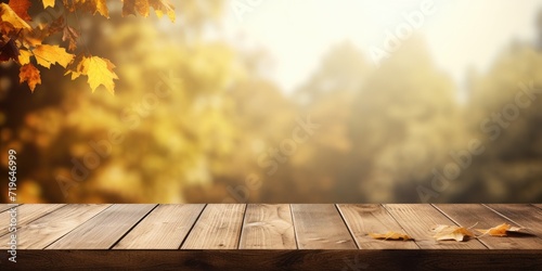 Autumnal wooden table in a natural setting.