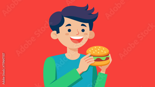 Happy cartoon boy enjoying a delicious cheeseburger on red background
