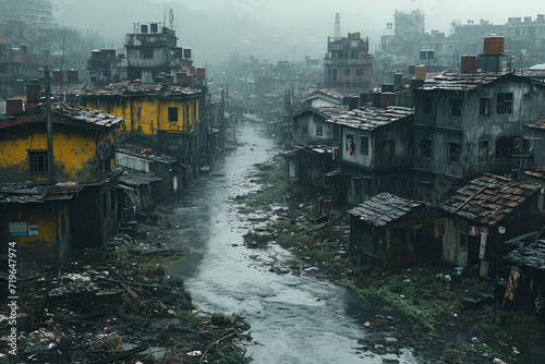 A dilapidated shanty town with derelict houses and a polluted river. Created with generative AI. photo
