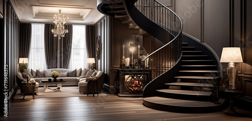 A sophisticated dark wood spiral staircase with minimalist iron balustrades, creating an elegant contrast. photo