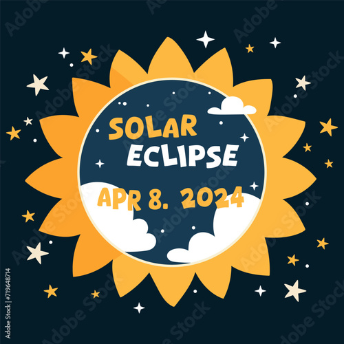 Hand drawn banner solar eclipse 8 april 2024. Vector design with sun, clouds and stars on dark background.