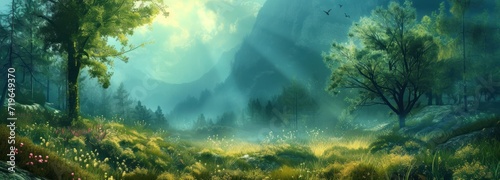 Majestic Forest Scene With Mountains and Trees