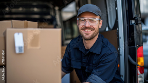 smiling delivery man in a blue uniform and safety goggles is handling boxes near a delivery van