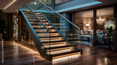 A sophisticated wooden staircase with clear glass balustrades, discreet LED strips under the handrails enhancing the luxury of a contemporary interior. photo