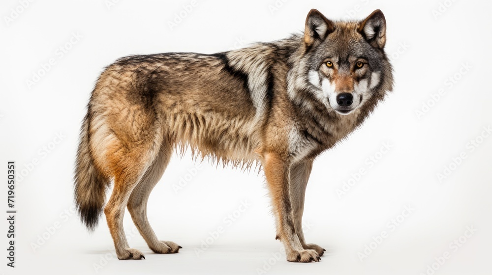 Fototapeta premium Majestic gray wolf isolated on a pristine white background, capturing the untamed beauty and predatory gaze of this solitary creature, ideal for conveying the essence of wildlife solitude