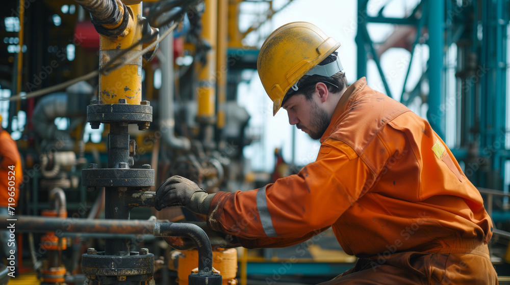 Workers on the oil platform, equipment of workers on the oil platform, safety at work, ai generative Workers on the oil platform, equipment of workers on the oil platform, safety at work, ai generative