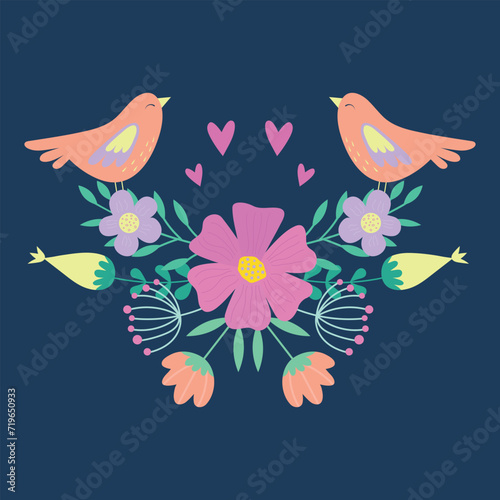 Birds and flowers. Two love birds. Vector illustration.