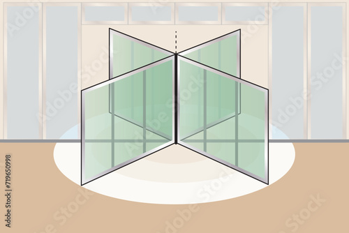 The circular automatic door. Revolving door vector. Open and closed door. Motion sensor automatic door. Open and closed door. 