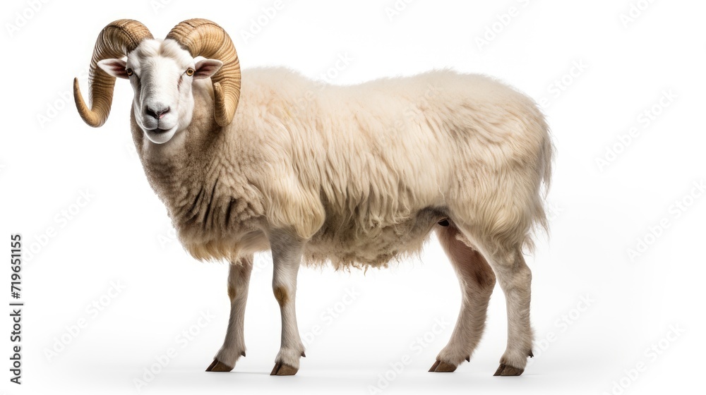 White ram isolated on a clean white background, showcasing the elegance of its horns and woolly coat, perfect for conveying the rural charm and agricultural beauty of farm life.