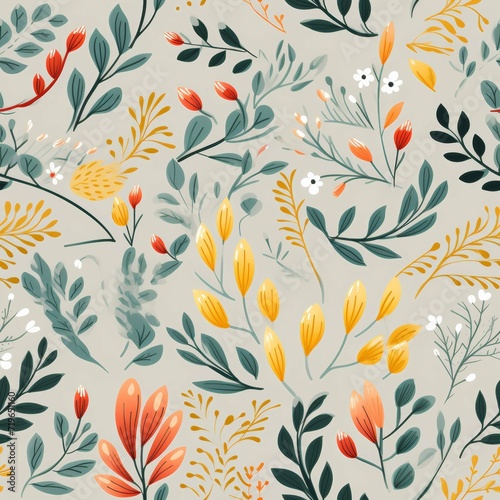 Pattern of Flowers and Leaves on White Background