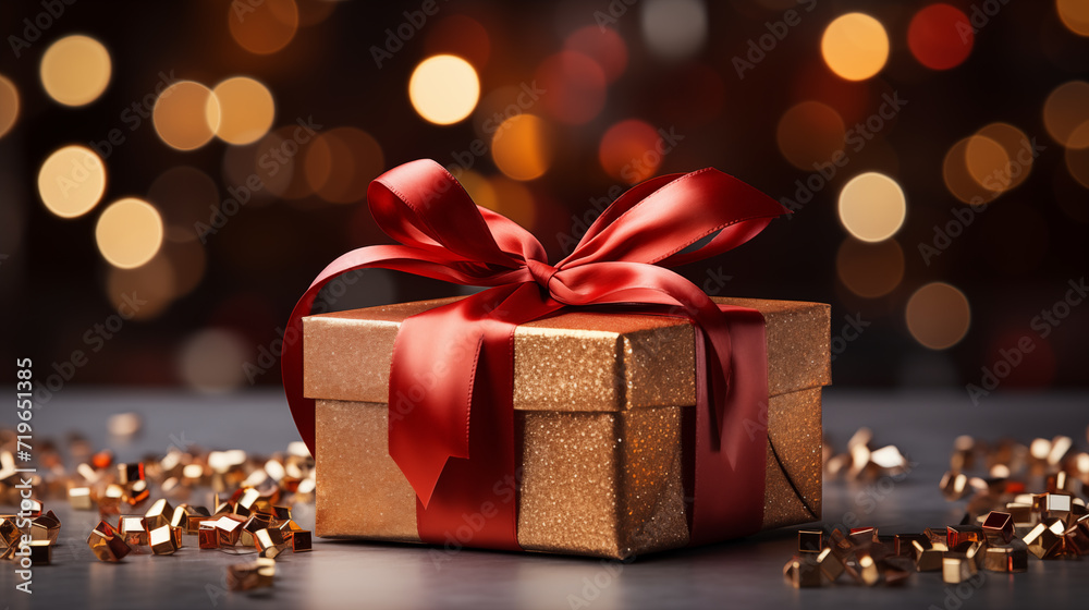 Gift box with gold and red ribbon, concept of Christmas holidays Gift box with gold and red ribbon, concept of Christmas holidays