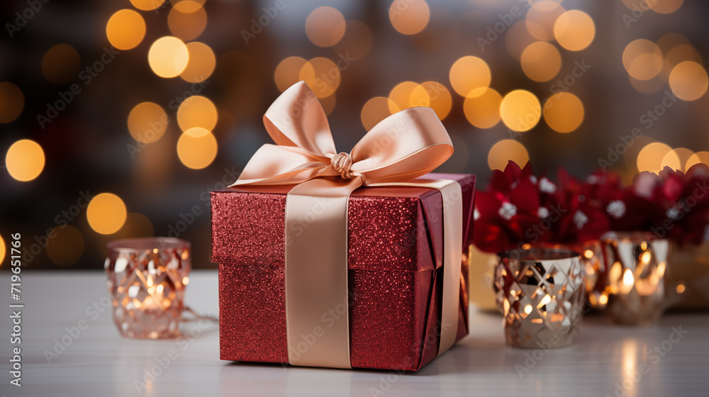 Gift box with gold and red ribbon, concept of Christmas holidays Gift box with gold and red ribbon, concept of Christmas holidays