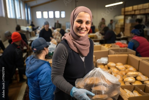 Portrait of smiling muslim woman holding box with bread in warehouse photo