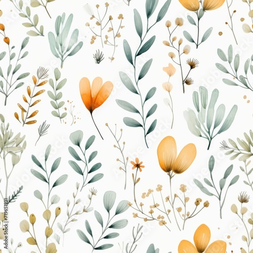 White Background With Orange Flowers and Green Leaves: Vibrant Floral Composition