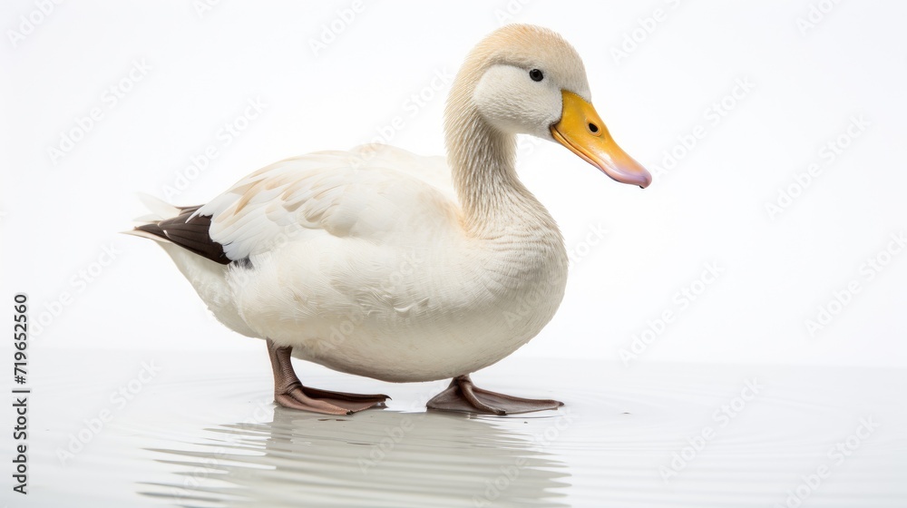 Duck on a serene white background, capturing the elegance of its webbed feet and water-loving nature, ideal for conveying the charm of this feathered companion in a peaceful setting Duck on a serene white background, capturing the elegance of its webbed feet and water-loving nature, ideal for conveying the charm of this feathered companion in a peaceful setting