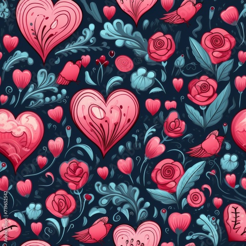 Pattern of Hearts and Flowers on Blue Background