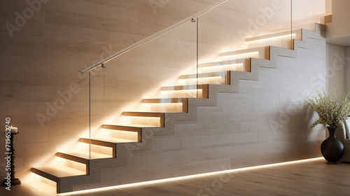A stylish light birch staircase with frameless glass balustrades, LED lighting beneath the handrails creating a cozy ambiance in a fashionable home. © Usama