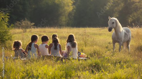 A group of young children sits on a blanket in a sunlit meadow, sharing a picnic with a white horse standing nearby.