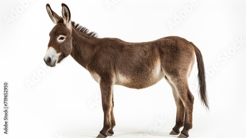 Isolated donkey on a clean white background  capturing the adorable face and friendly demeanor of this farmyard friend  perfect for conveying the charm of rural life with a domesticated creature