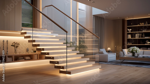 A stylish light birch staircase with frameless glass balustrades  LED lighting beneath the handrails creating a cozy ambiance in a fashionable home.