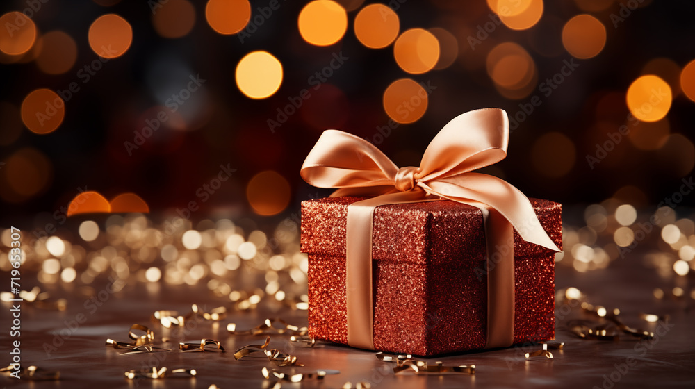 Gift box with gold and red ribbon, concept of Christmas holidays