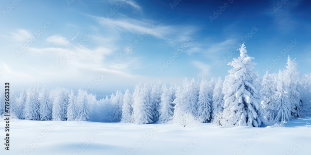 Snow-covered trees with space for your product advertisement, set against a dramatic, blue winter sky.