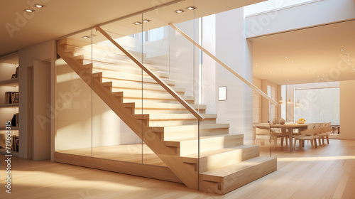 A stylish light maple wood staircase with glass sides  LED lighting under the handrails enhancing the brightness of a minimalist interior.