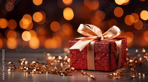 Gift box with gold and red ribbon, concept of Christmas holidays © lisssbetha