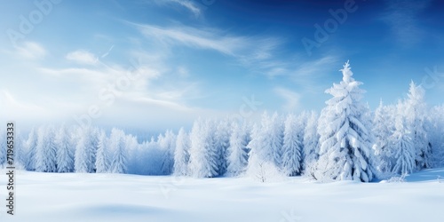 Snow-covered trees with space for your product advertisement, set against a dramatic, blue winter sky.