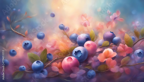 Fantasy blueberry. Abstract mystical background. Blurred colorful berry background. Magic lighting. AI generated