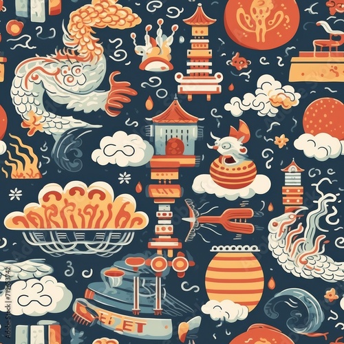 Vibrant Blue and Orange Pattern With Clouds and Buildings