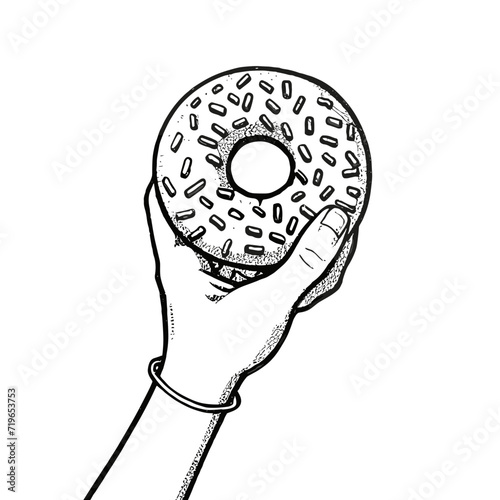 Hand holding a doughnut. ink black and white drawing