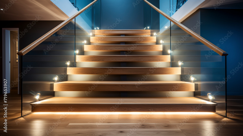 A stylish wooden staircase with clear glass balustrades, accented with discreet LED lighting beneath the handrails, in an upscale residence.