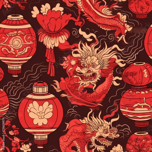 Red and Black Oriental Decorations on Background