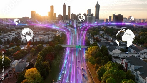 Fiber optic streams over highway showing global internet connectivity in USA city during sunset. 3D graphic over Atlanta cityscape. Aerial photo