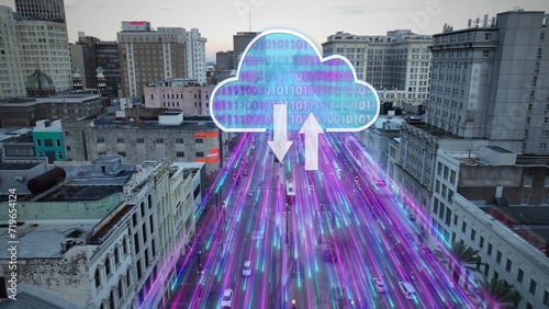 3D render Graphic of cloud and binary code with high-speed data streaming into the online infrastructure. Aerial shot of wide city street in USA with IOT technology