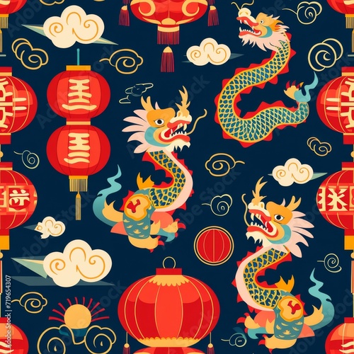 Dragon and Lantern Pattern on Dark Blue Background