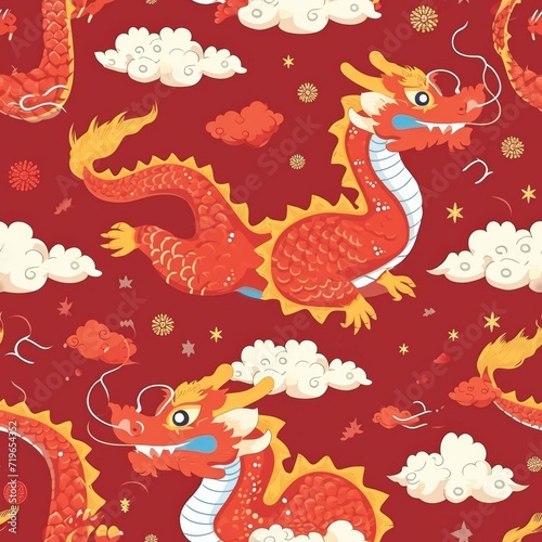 Red and Yellow Dragon Pattern on Red Background © Sky51