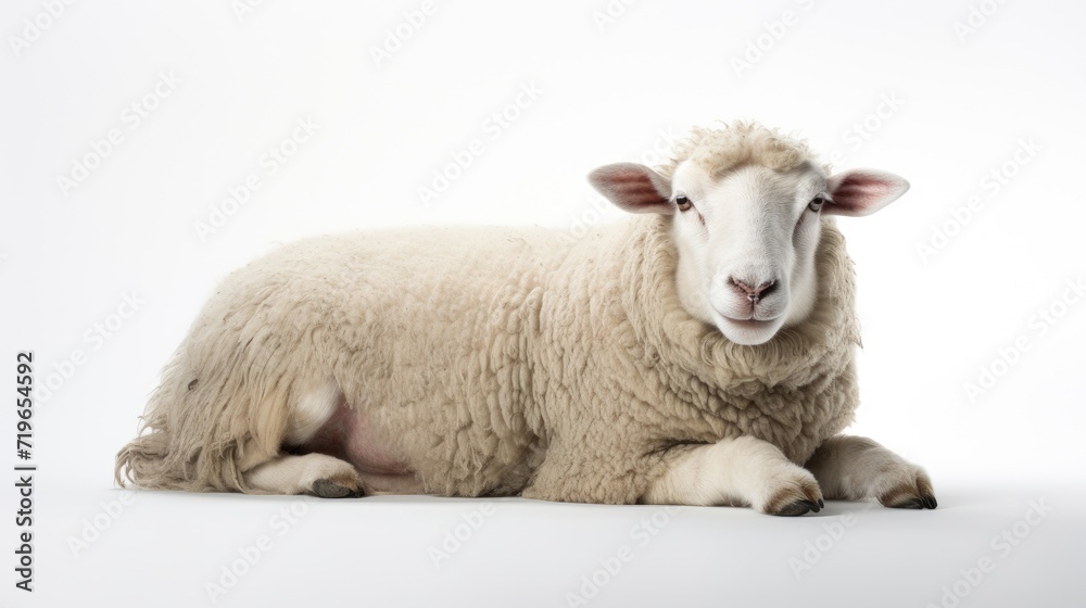 An overhead view capturing a content sheep lying comfortably on a white background, portraying peacefulness and the beauty of farm life. An overhead view capturing a content sheep lying comfortably on a white background, portraying peacefulness and the beauty of farm life.