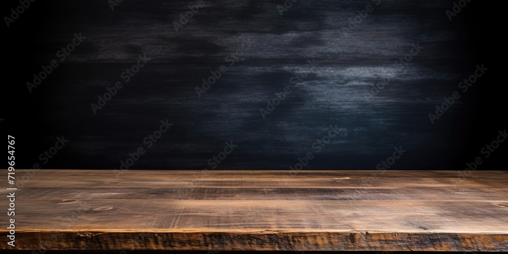 Grunge board table in front of black background.