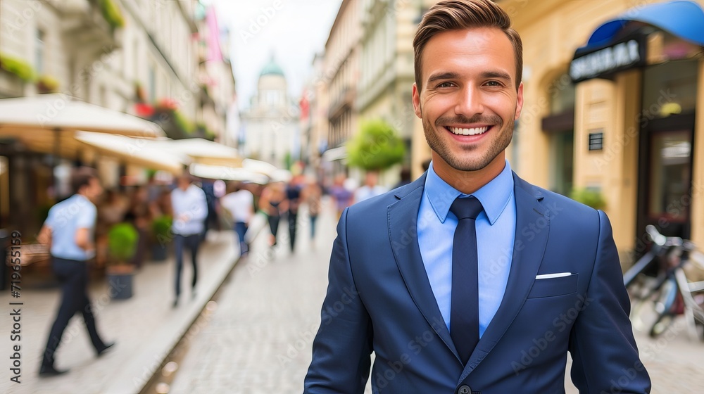 Smiling handsome young businessman walking in city center with blurred background